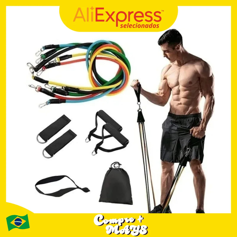 Kit Elástico Extensor 11 Itens – Treino Funcional e Musculação em Casa