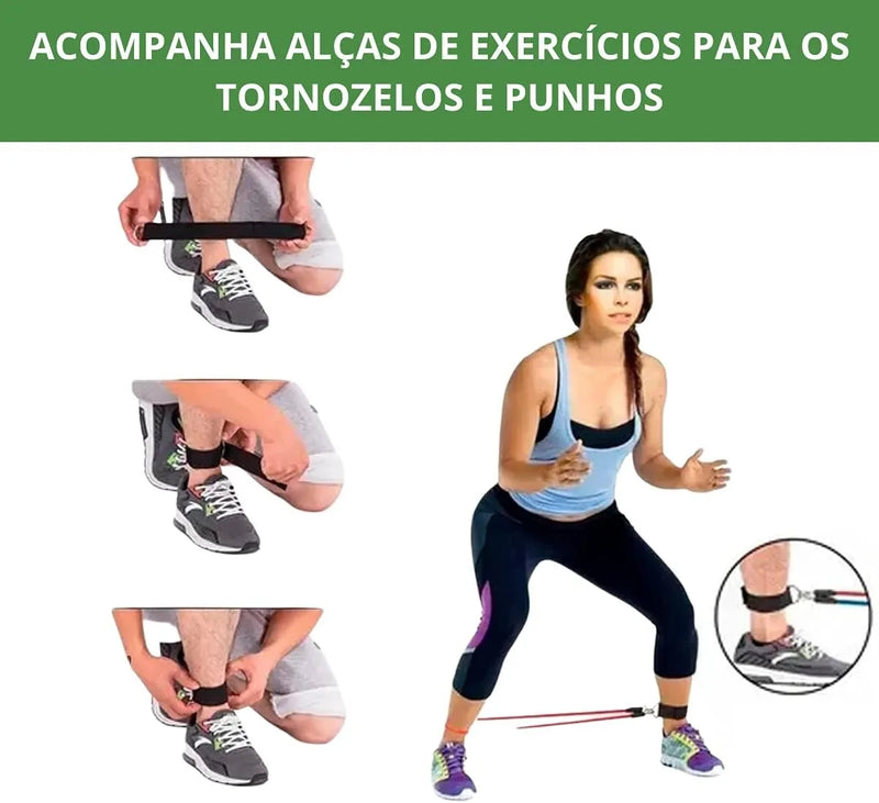 Kit Elástico Extensor 11 Itens – Treino Funcional e Musculação em Casa