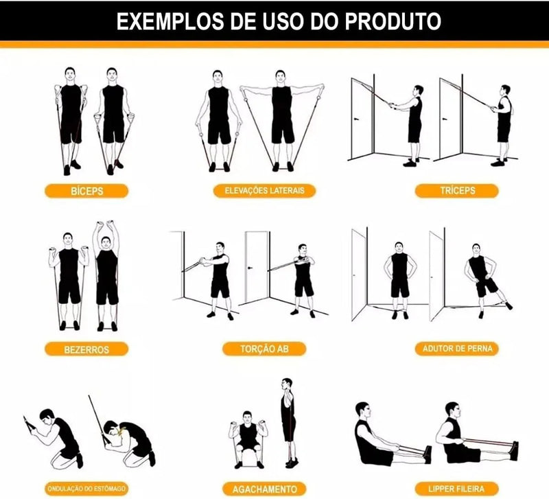 Kit Elástico Extensor 11 Itens – Treino Funcional e Musculação em Casa