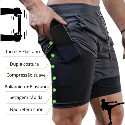 Shorts Masculino 2 em 1 Térmico Compressão Bolso Secreto Academia Corrida Fitness