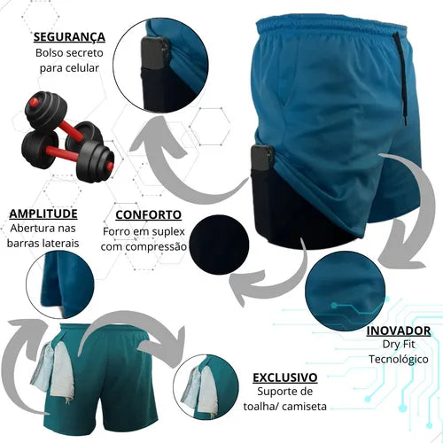 Shorts Masculino 2 em 1 Térmico Compressão Bolso Secreto Academia Corrida Fitness