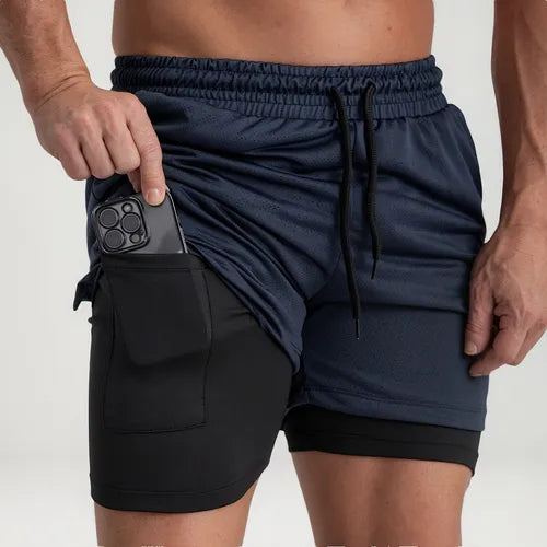 Bermuda Fitness Masculina 2 em 1 Dupla com Bolsos Esportiva Confortável Kaizen