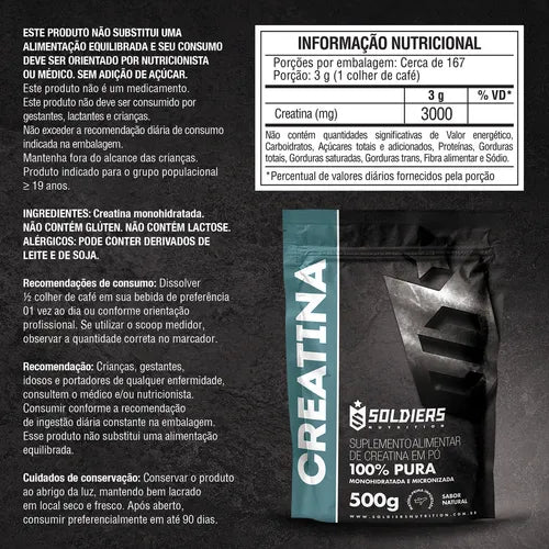 Creatina Monohidratada Pura Soldiers Nutrition 500g: Força, Desempenho e Músculos