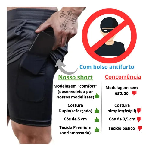 Shorts Masculino 2 em 1 Térmico Compressão Bolso Secreto Academia Corrida Fitness