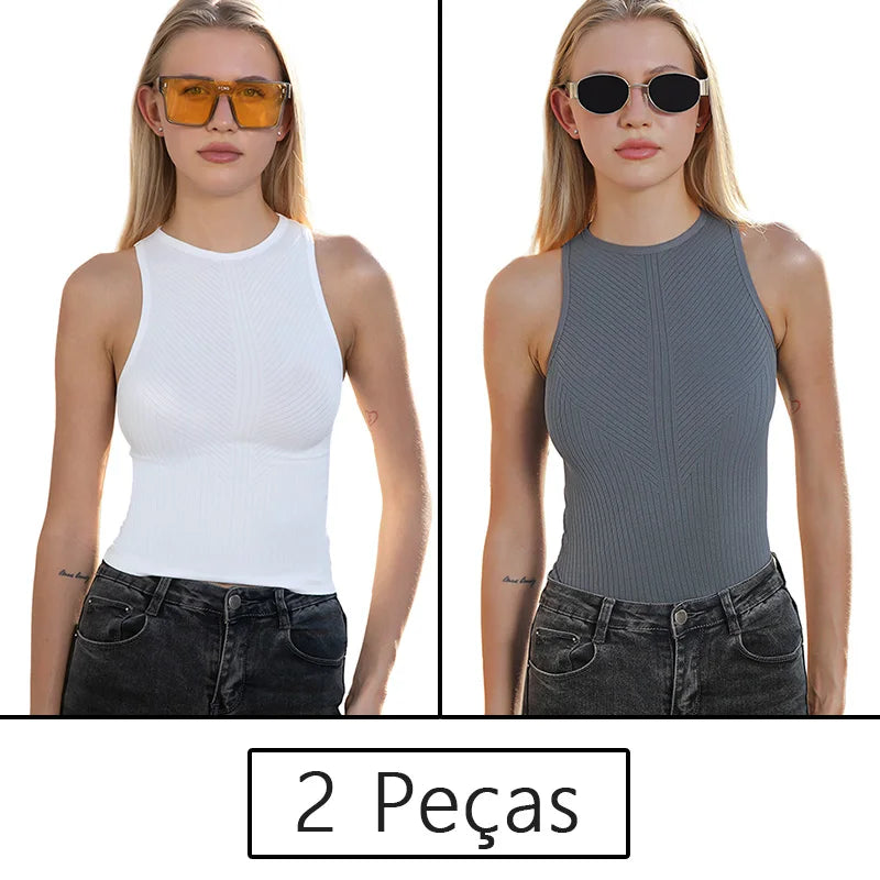 Conjunto Feminino Fitness 2 Peças – Top Regata e Short em Poliamida e Elastano – Alta Elasticidade e Conforto