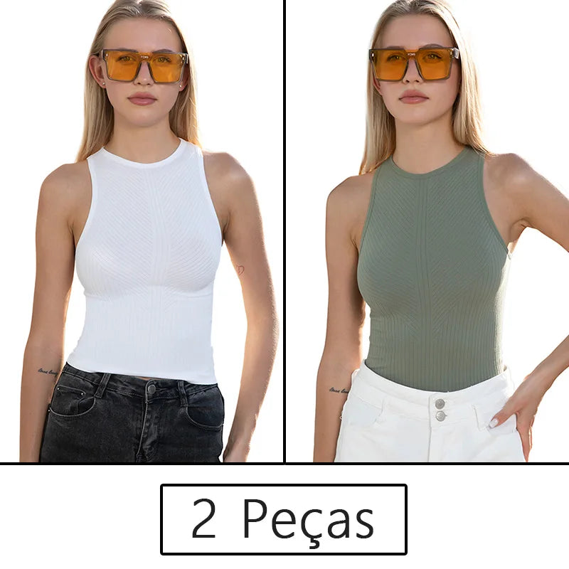 Conjunto Feminino Fitness 2 Peças – Top Regata e Short em Poliamida e Elastano – Alta Elasticidade e Conforto