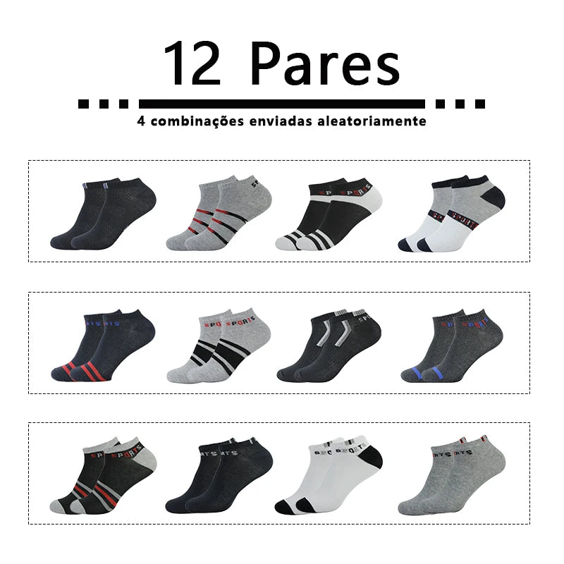 Meias Curtas Masculinas – 12 Pares, Algodão Confortável, Leves e Respiráveis
