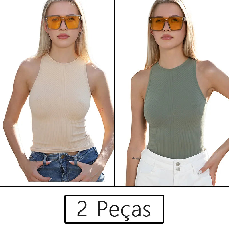 Conjunto Feminino Fitness 2 Peças – Top Regata e Short em Poliamida e Elastano – Alta Elasticidade e Conforto
