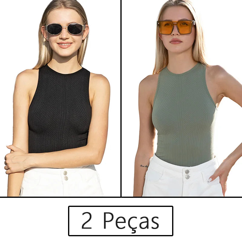 Conjunto Feminino Fitness 2 Peças – Top Regata e Short em Poliamida e Elastano – Alta Elasticidade e Conforto