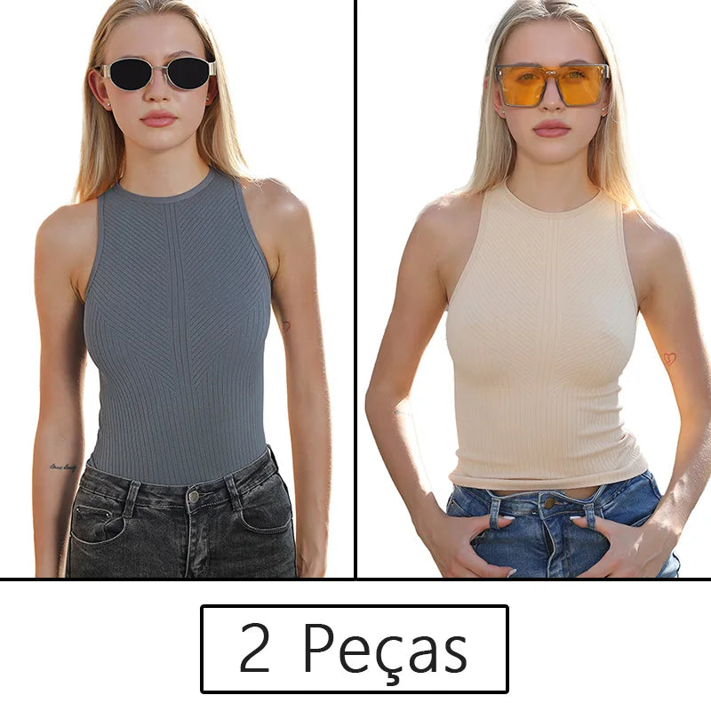 Conjunto Feminino Fitness 2 Peças – Top Regata e Short em Poliamida e Elastano – Alta Elasticidade e Conforto