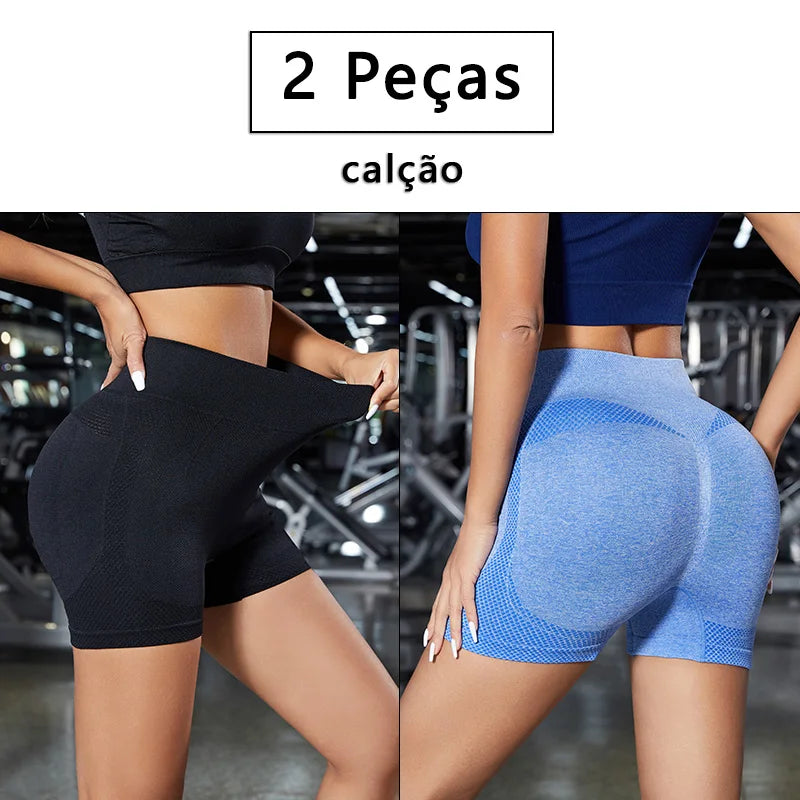 Conjunto de Shorts Feminino Sem Costura – 2 Peças para Yoga