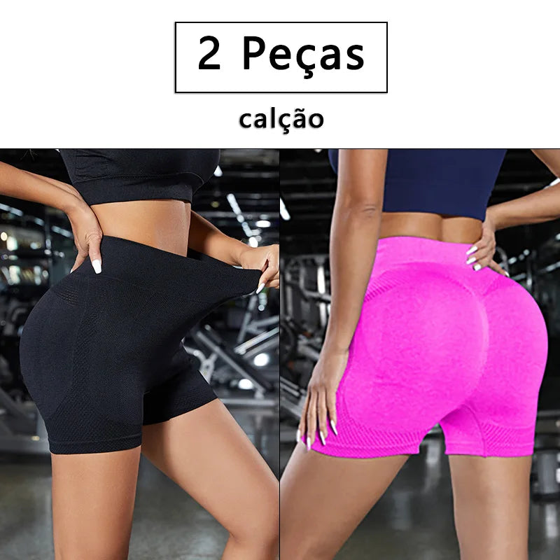 Conjunto de Shorts Feminino Sem Costura – 2 Peças para Yoga