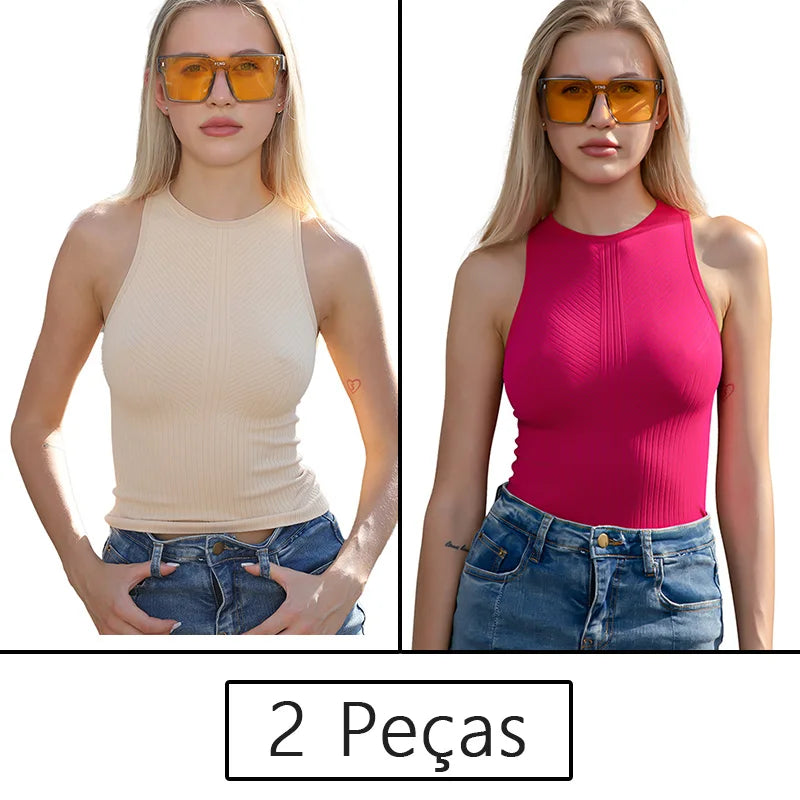 Conjunto Feminino Fitness 2 Peças – Top Regata e Short em Poliamida e Elastano – Alta Elasticidade e Conforto